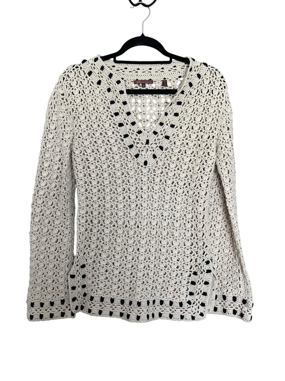 525 America Cream Crochet V-Neck Pullover with Black Trim